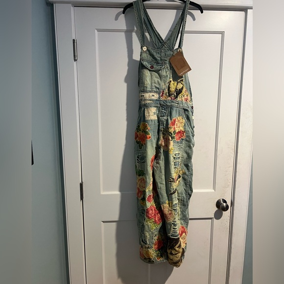 Magnolia Pearl/Free People Floral Appliqué Denim Overalls - Vintage - OS - NWT - Picture 9 of 16